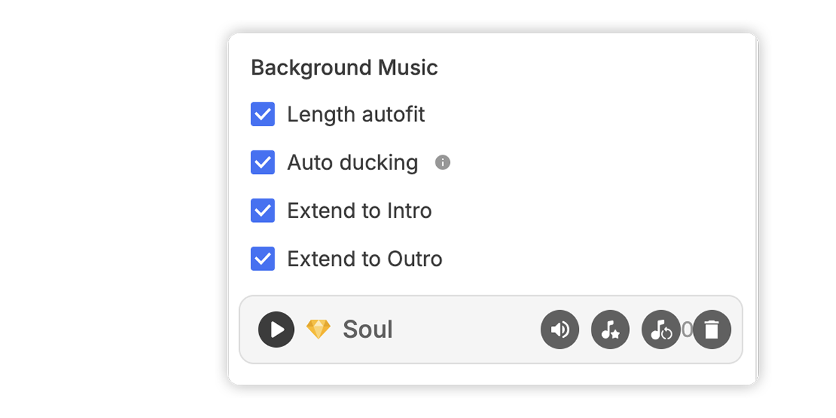 Intuitive Music Management interface for adding background music to videos, showing options for length autofit, auto ducking, and extensions for intro and outro music, streamlining video editing process.